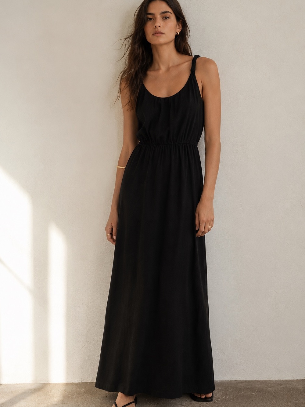 LOFT Black Twist Strap Maxi Dress Medium Sleeveless Soft Knit Tall Friendly